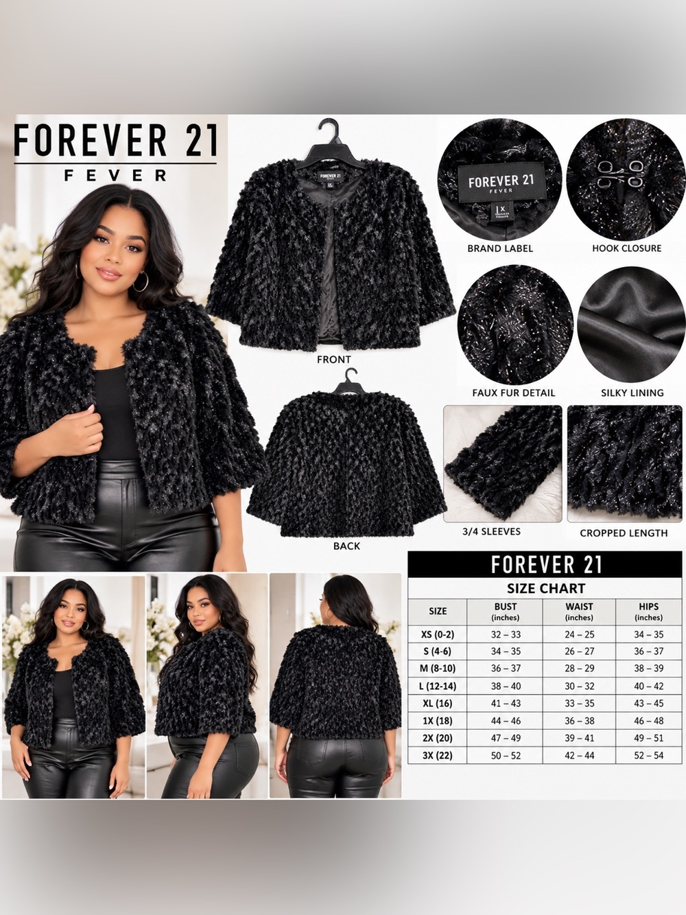 FOREVER 21 FEVER FAUX FUR 3/4 SLEEVE JACKET - BLACK SIZE 1X (NEW WITH TAGS) A23
